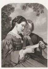 Two women with a letter, print, printmaker: Dirk Jurriaan Sluyter, Amsterdam, 1826 - 1886, paper,