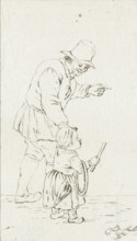 Standing man with child with hoop, print, A father plays with his son. He has the child by the hand