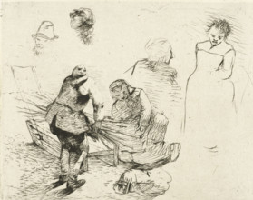 Study sheet with man with twig bush and kneeling woman by ice sled, print, printmaker: Albertus