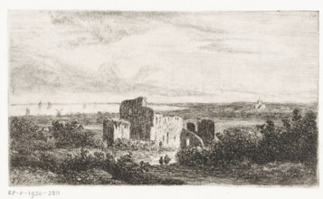 Coastal landscape with ruin, print, Series number, 14, A ruin lies in the dunes. A small church