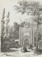 Exhibition of provincial industry in Amsterdam in 1859, print, A number of figures stand in front