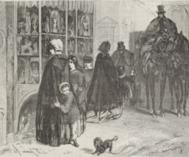 Sinterklaas Day, print, book illustration, A woman and two children are standing in front of a shop