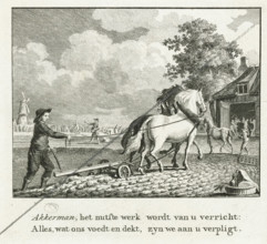 Farmer with plow and two horses, print, book illustration, Illustration for the letter A in the