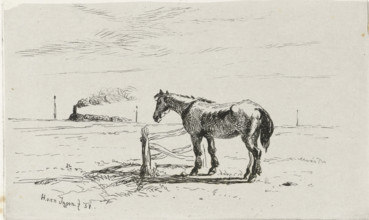 Horse in a meadow, print, Horse by a fence in a meadow. A steam train is driving on the horizon.,
