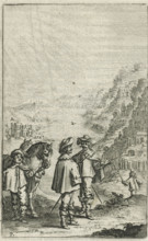 Riders in a mountain landscape, print, book illustration, Two riders in a mountain landscape, on