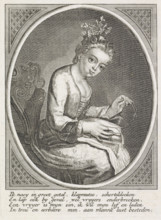 Sitting woman doing needlework, print, A young woman is sitting and sewing. Below the image, an