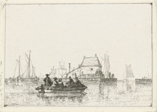 River view with rowboat near harbor pier, print, River view with rowboat on inland water near a