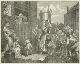 Street scene, print, book illustration, A violinist in a window frame holds his ears tightly closed