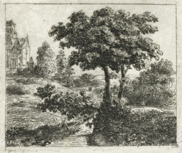 Landscape with church on a hill, print, printmaker: Johannes Adrianus van der Drift, Netherlands,