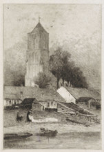Village with church tower by the water, print, Village with a church tower by the water. On the