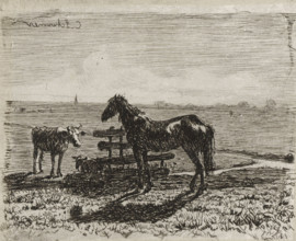 Meadow with a horse and two cows, print, A horse and a cow are standing by a fence in a meadow. A