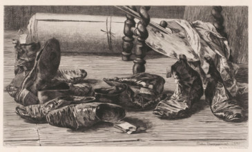Shoes with painting materials, Souvenirs de voyage., print, printmaker: Jules Ferdinand Jacquemart,