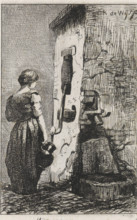 Reverie, Woman with jug by water pump, print, A young woman stands lost in thought with a jug in