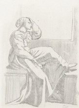 Sitting woman by an open window, print, A woman is sitting on a bench by an open window. She is