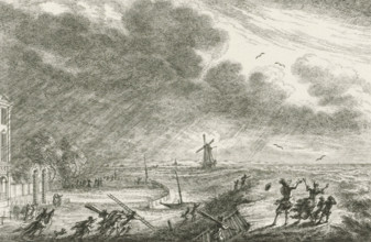 Flood at Halfweg, 1775, print, on the left the Swanenburg House, former communal land house of the