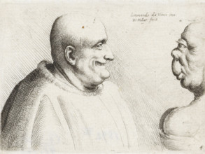Heads of a large bald man and grotesque woman, Caricatures, heads and deformities after Leonardo da
