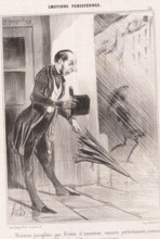 Man tries to open new umbrella in the rain, Parisian emotions, Émotions Parisiennes, cartoon,