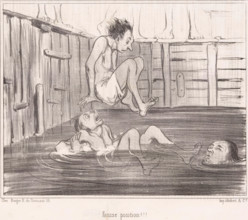 Man jumps into the pool above another man, False position!, Bathing men, Les Baigneurs, cartoon,