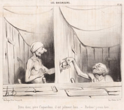 Two old men exchanging tobacco in their bathtub, Dites donc, père Coquardeau, Men bathing, Les