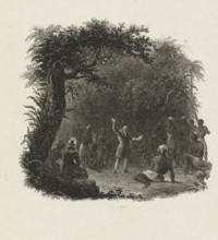 Edwin Bligh Reads from the Bible to Enslaved African Americans in a Forest in Mississippi, print,