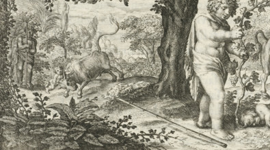 Bacchus and Ampelus, print, book illustration, Bacchus' favorite Ampelus is killed in a fall from a