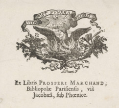 Ex libris of the bookseller Prosper Marchand 'In den Parijschen boekwinkel' in the St. Jacobsstraat