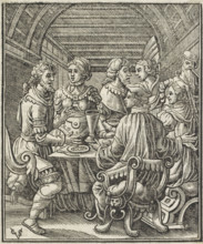 Company around a table with a meal on it, print, book illustration, printmaker: Christoffel van