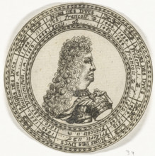 Coin with the portrait of Ferdinand Charles III and the names of the Dukes of Mantua, print, Design