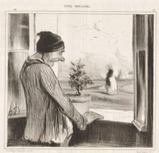 Regrets, Old man sees woman through open window, Parisian types, Types Parisiens, cartoon, Series