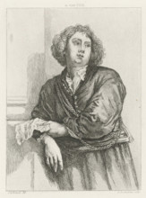 Portrait of Henricus Liberti, print, leaning against the wall, with sheet music in his hand.,