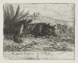 Lying shepherd dog, print, A lying shepherd dog next to a bush. In front of the dog lies a stick in