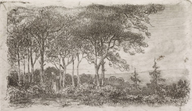 Woman by a row of trees, print, A wooded landscape with a woman with a basket on her back in the