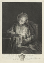 Girl reading a letter by candlelight, Le negligee galant, print, Below the scene the title and a