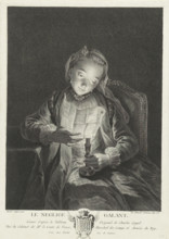 Girl reading a letter by candlelight, Le negligee galant, print, Below the scene the title and a