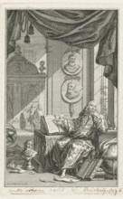 Scholar in study, print, A scholar sits behind a desk in a study and points to an open book. Above