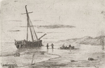 Ship off the coast, print, printmaker: Jan Heppener, The Hague, 1855, paper, chine collé, etching,