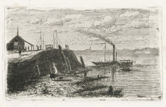 Area of Zaltbommel, with steamboat (former title), River view with a steamboat, print, printmaker: