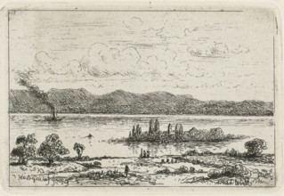 Steamship at a river island, Wörth, print, printmaker: Joseph Hartogensis, unknown, 1850 - 1859,
