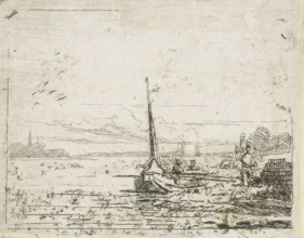 Ship at a bank, print, printmaker: Lambertus Hardenberg (1822-1900), The Hague, c. 1837 - 1900,