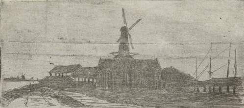 Complex with mill on a river, print, Complex with a windmill, on a dike, with a beginning for a