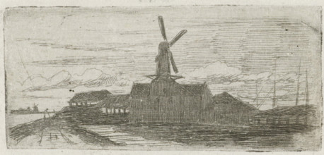 Complex with mill on a river, print, Complex with a windmill, on a dike, with a beginning for a