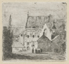 Cityscape with women conversing, print, printmaker: Lambertus Hardenberg (1822-1900), The Hague, c.
