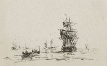 Navy with sailing ship, print, printmaker: Maurits Frederik Hendrik de Haas, Rotterdam, 1854 -