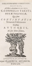 Title page for: C. Forstner, C. Cornelii Taciti, notæ politicæ, Que sunt Continuatio, 1652, Apollo
