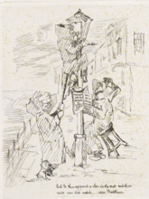 Three men by a gas lantern, cartoon, print, A gas lantern stands by a building with three men in