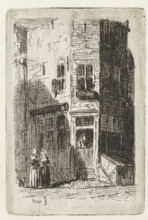 View of a corner house in Leiden, print, Two women stand in front of a corner house., printmaker: