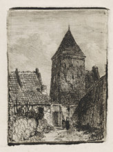 Square tower in Culemborg, print, On the right stands a square tower partly behind a house. Another