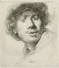 Self-portrait in a Cap, Wide-eyed and Open-mouthed, print, monogram and date: 'RHL 1630',