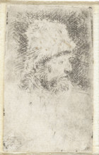 Man with a fur hat, print, Head of a man with a beard and a fur hat on., inscription: 'J:Bu',