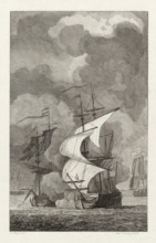 Jarry killed in battle with the English, 1783, print, historical print, The privateer ship 'de